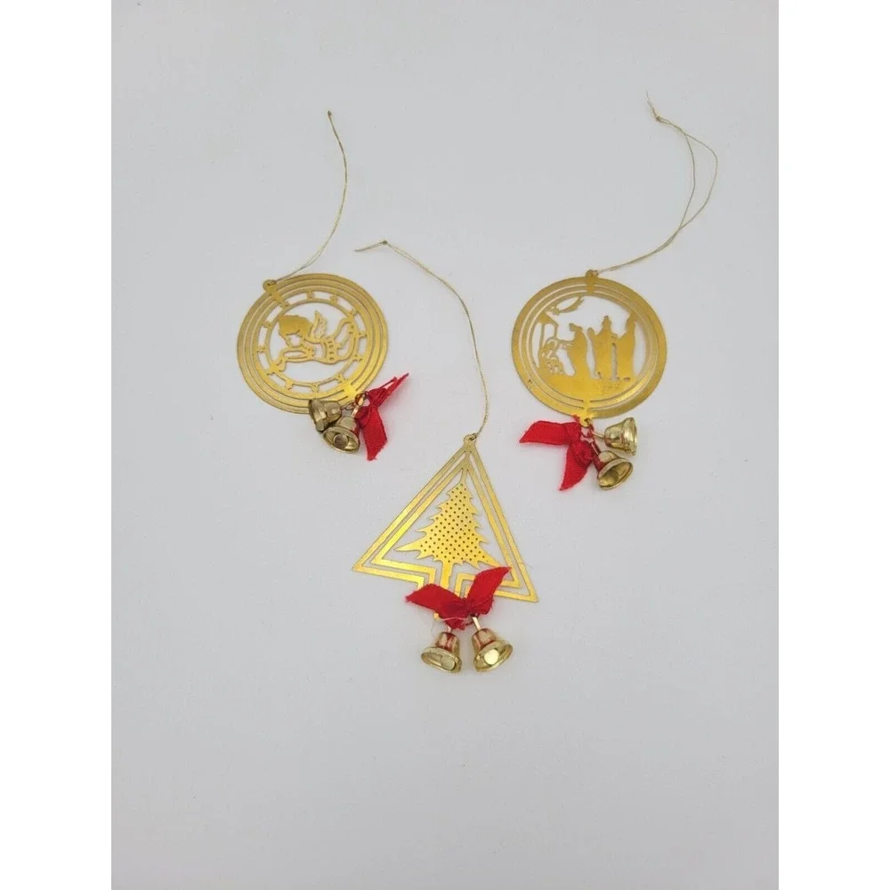 Lot of 3 Vintage Gold Tone Flat Metal‎ Christmas Ornaments With Bells